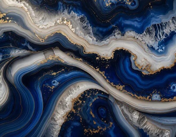 A view of a close-up of a swirl of blue marble and gold